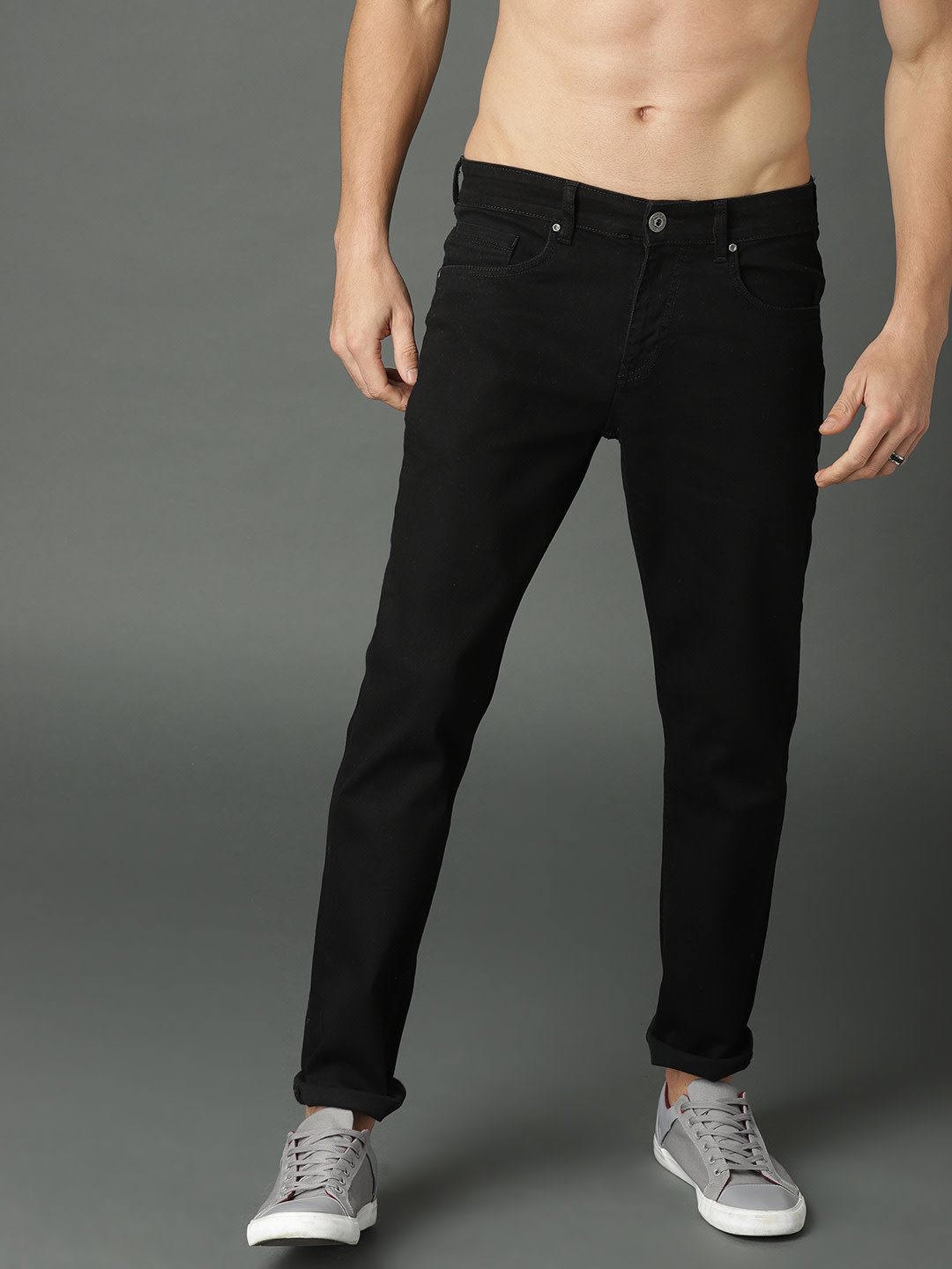 Polyknitted Solid Plain Black Jeans
